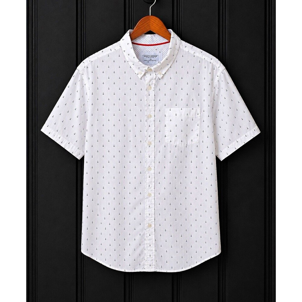 Eighth Avenue Men's L White Anchor Print Cotton Woven Button-Down Shirt Pocket